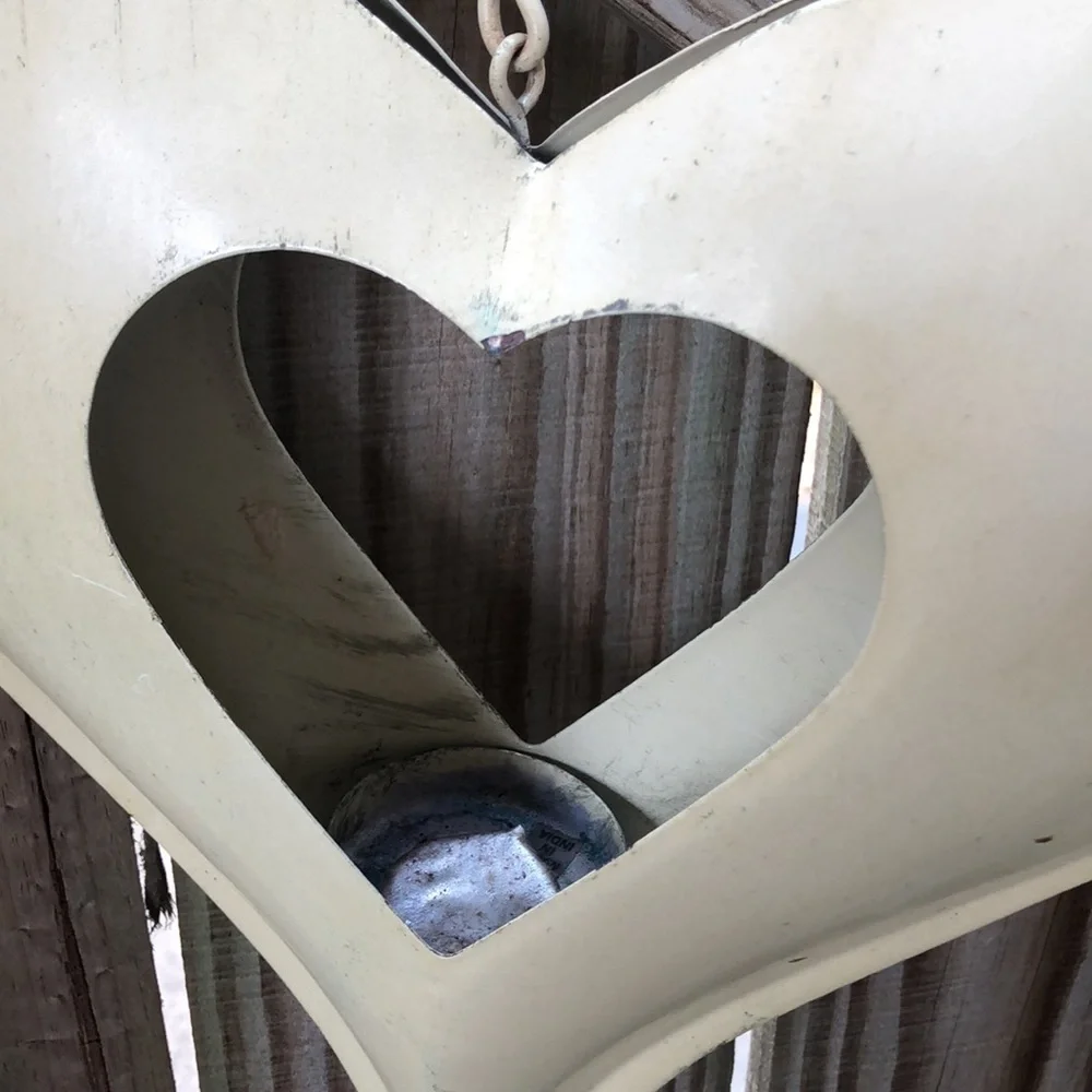 Hollow Metal Heart Hanging Tea Light Garden or Patio Lantern Butter Cream Color